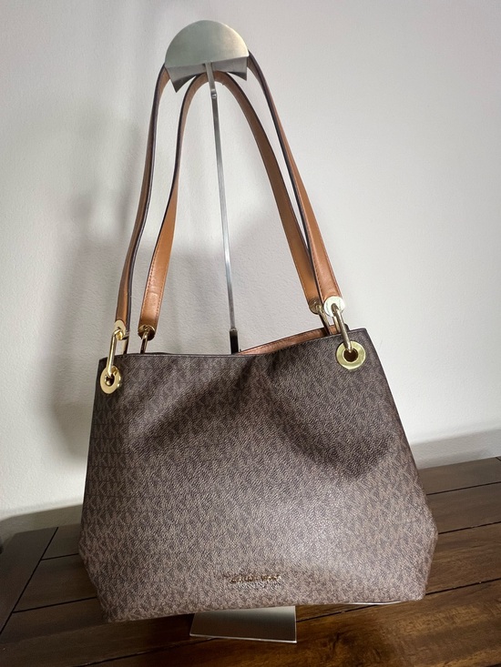 Michael Kors Handbags - Michael Kors Brown MK Monogram Shoulder Tote with Gold Hardware